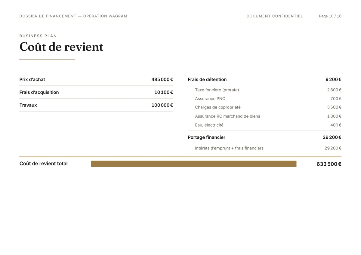 Page « Coût de revient » du dossier exemple&nbsp;: prix d’achat, frais d’acquisition, travaux, frais de détention, portage, coût de revient total