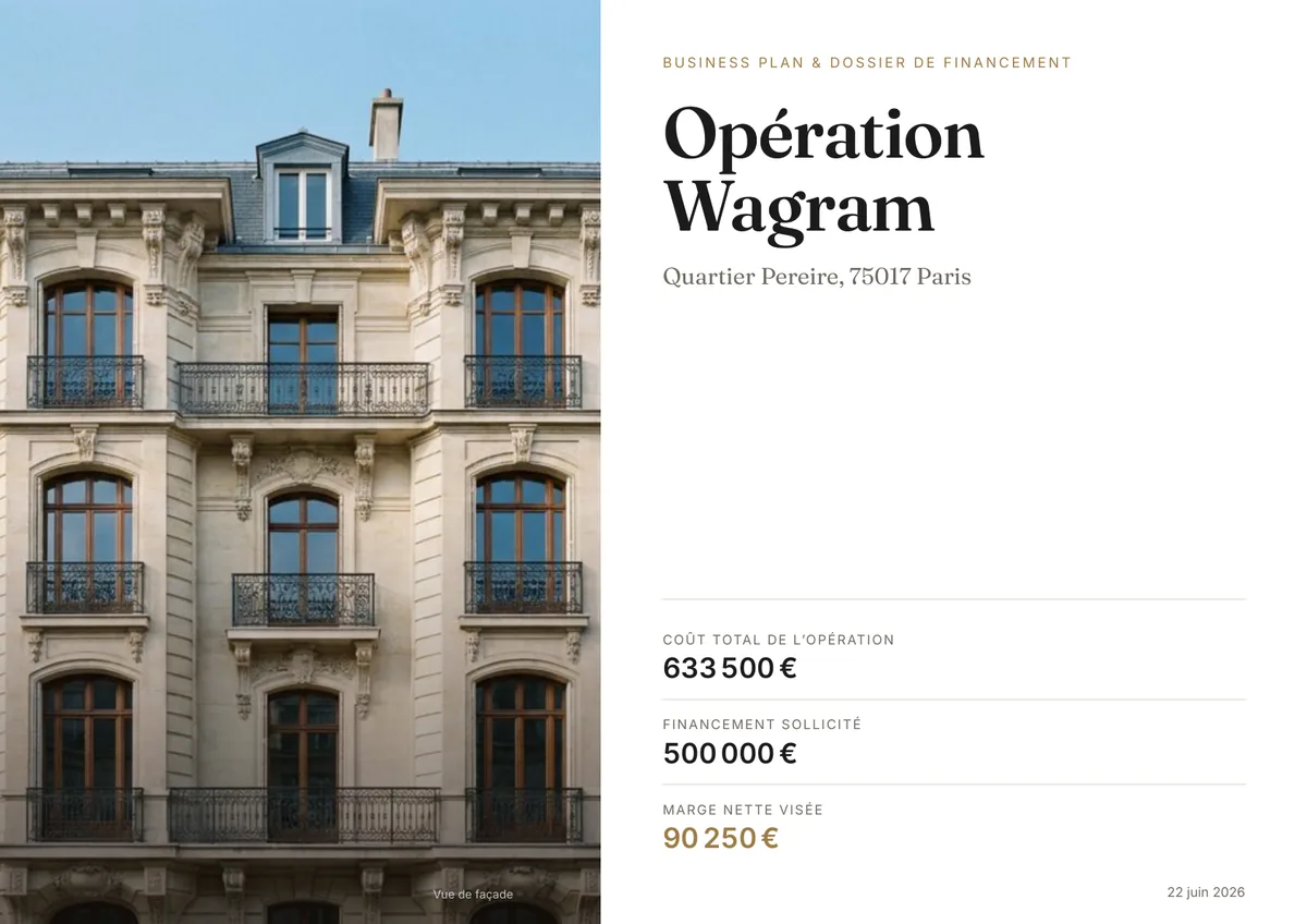 Page de garde du dossier exemple&nbsp;: façade haussmannienne, Opération Wagram, coût total 633 500 €, financement sollicité 500 000 €, marge nette visée 90 250 €