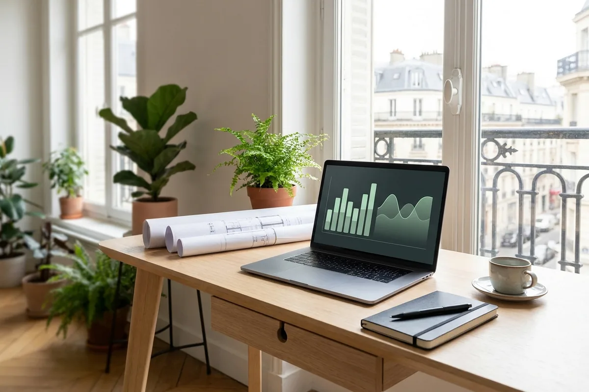 Ordinateur portable ouvert sur des graphiques, carnet, plans roulés et café sur un bureau clair