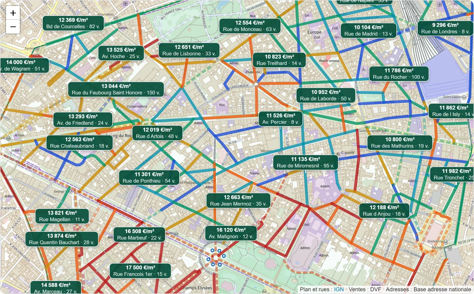 Carte des prix MDBExpert : plan du 8e arrondissement de Paris, chaque rue colorée selon son prix au m² avec son étiquette de prix